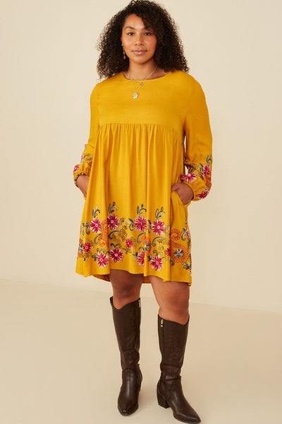 Fall Floral Mustard Embroidered Dress