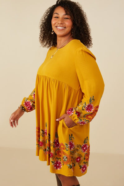 Fall Floral Mustard Embroidered Dress
