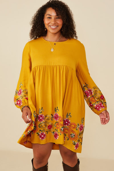 Fall Floral Mustard Embroidered Dress