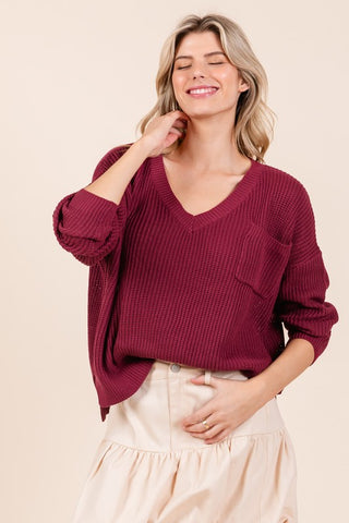 Garnet Ribbed Knit V Neck Sweate