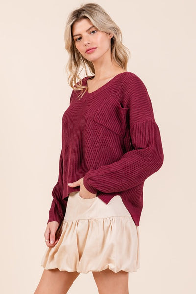 Garnet Ribbed Knit V Neck Sweate