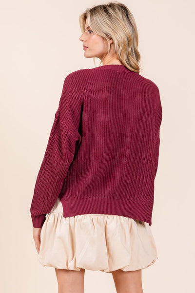 Garnet Ribbed Knit V Neck Sweate
