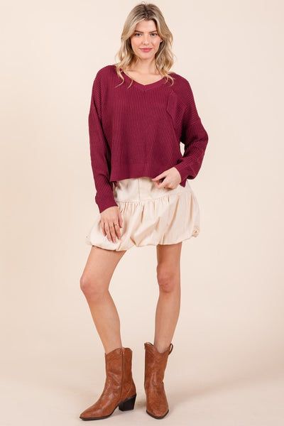 Garnet Ribbed Knit V Neck Sweate