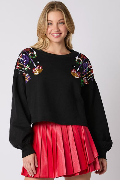 Christmas Ornaments Sequin Cropped Sweatshirt