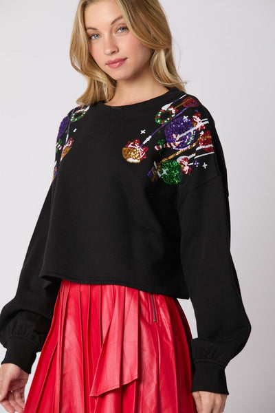 Christmas Ornaments Sequin Cropped Sweatshirt