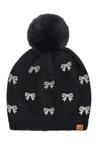 C.C. Allover Rhinestone Mini Bow Pom Beanie