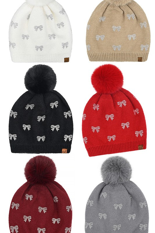 C.C. Allover Rhinestone Mini Bow Pom Beanie