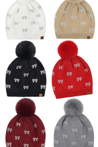 C.C. Allover Rhinestone Mini Bow Pom Beanie