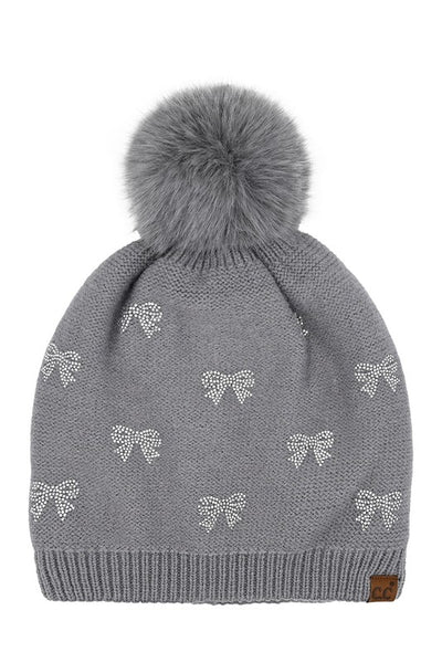 C.C. Allover Rhinestone Mini Bow Pom Beanie