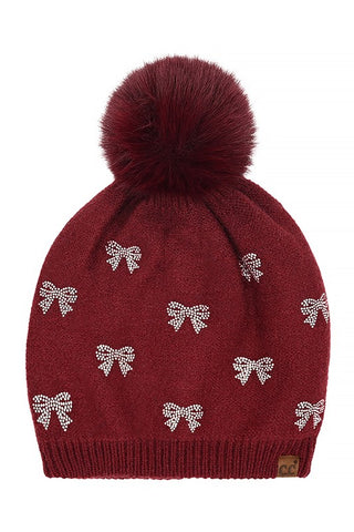 C.C. Allover Rhinestone Mini Bow Pom Beanie
