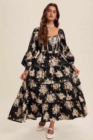 Floral Print Corset Bodice Maxi Dress