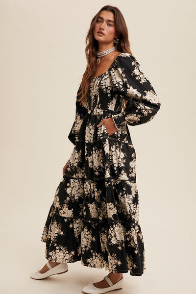 Floral Print Corset Bodice Maxi Dress
