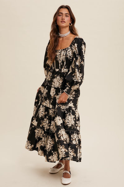 Floral Print Corset Bodice Maxi Dress