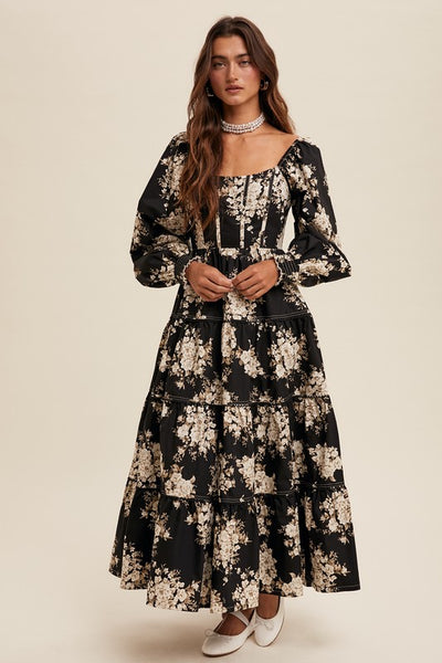 Floral Print Corset Bodice Maxi Dress