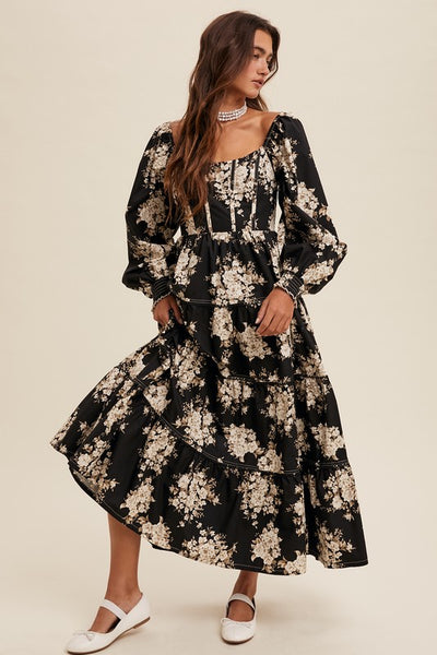 Floral Print Corset Bodice Maxi Dress
