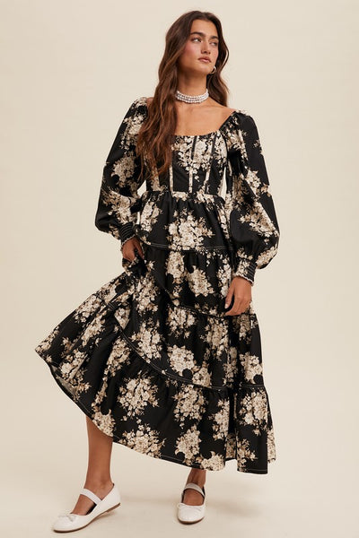 Floral Print Corset Bodice Maxi Dress