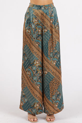 Paisley Patchwork Satin Wide Leg Pants