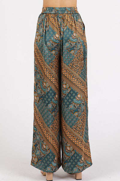 Paisley Patchwork Satin Wide Leg Pants