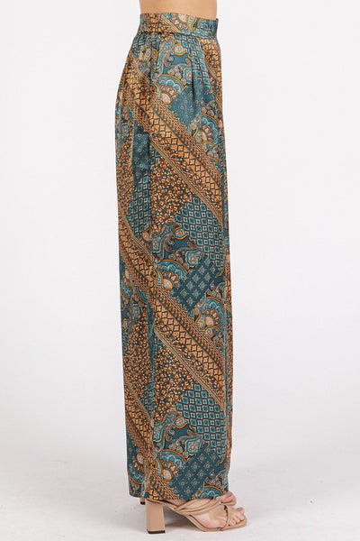 Paisley Patchwork Satin Wide Leg Pants