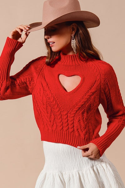 Heart Shape Cut Out Cable Knit Sweater - Red