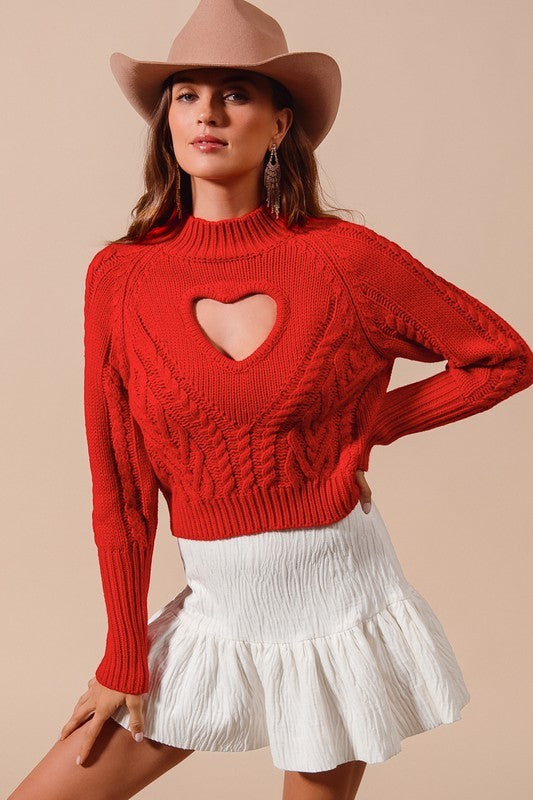 Heart Shape Cut Out Cable Knit Sweater - Red