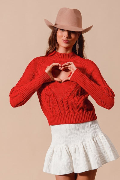 Heart Shape Cut Out Cable Knit Sweater - Red