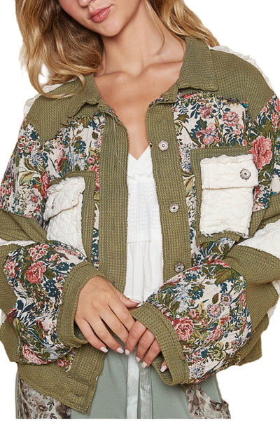 Olive Jacquard Patch Detail Quilted Jacket
