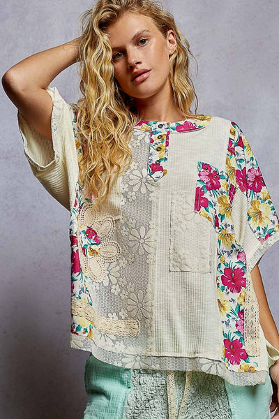 Pol Clothing - Unique Patchwork Lace Floral Knit Short Sleeve Top SALE