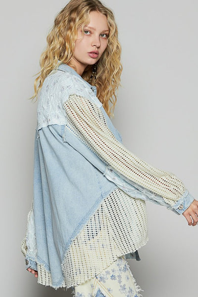 Denim And Crochet Floral Mix Lightweight Jacket