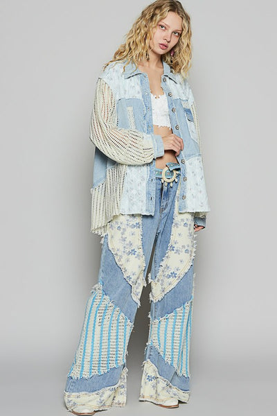 Denim And Crochet Floral Mix Lightweight Jacket