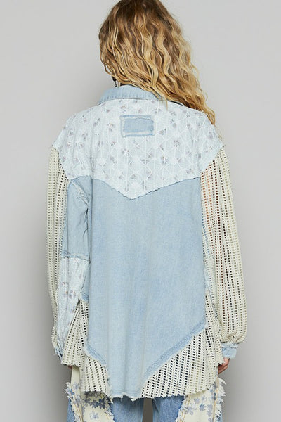 Denim And Crochet Floral Mix Lightweight Jacket