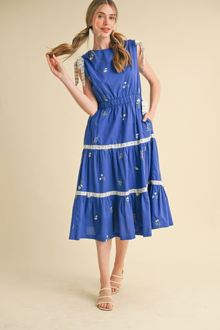 Blue Embroidered Floral Tiered Midi Dress