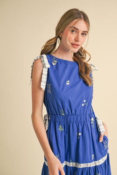 Blue Embroidered Floral Tiered Midi Dress