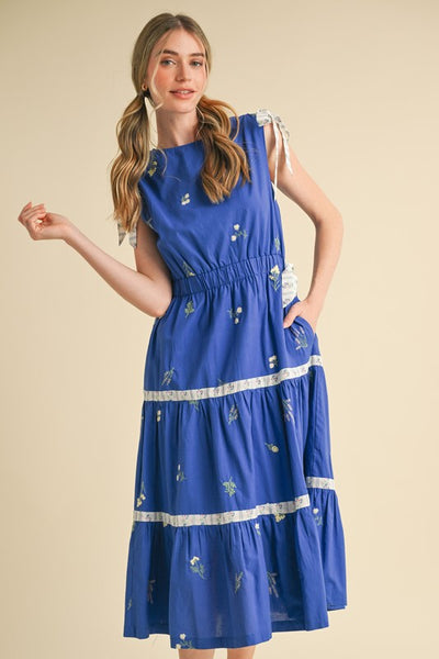 Blue Embroidered Floral Tiered Midi Dress