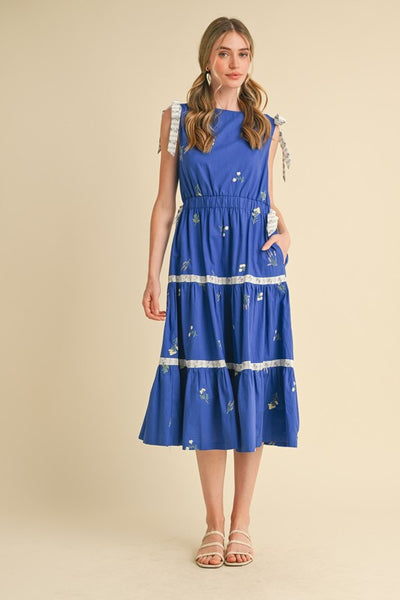 Blue Embroidered Floral Tiered Midi Dress
