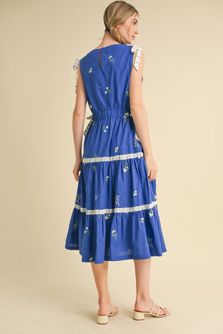 Blue Embroidered Floral Tiered Midi Dress
