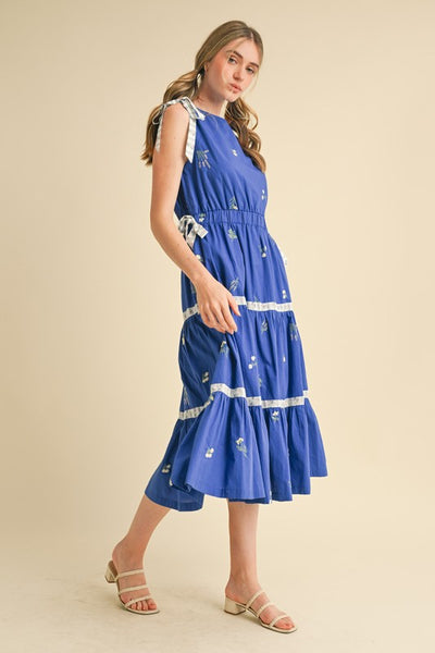 Blue Embroidered Floral Tiered Midi Dress