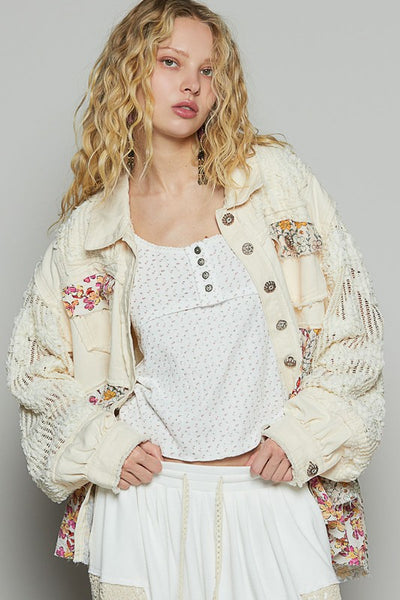 Balloon Sleeve Twill Patchwork Lightweight Jacket