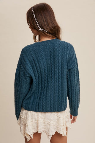Teal Green Classic V-Neck Cable Knit Sweater
