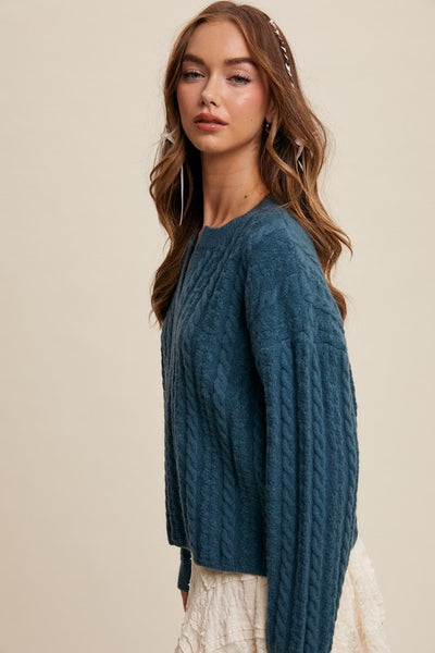 Teal Green Classic V-Neck Cable Knit Sweater