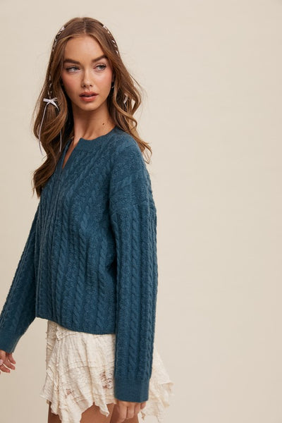 Teal Green Classic V-Neck Cable Knit Sweater