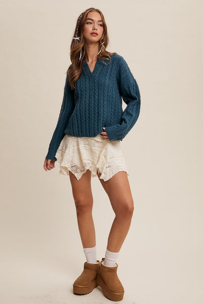Teal Green Classic V-Neck Cable Knit Sweater
