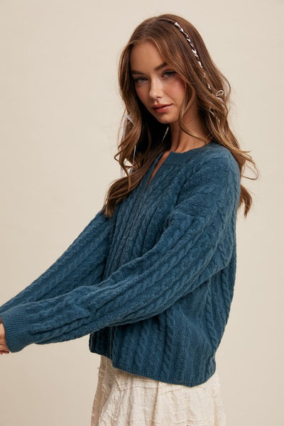 Teal Green Classic V-Neck Cable Knit Sweater
