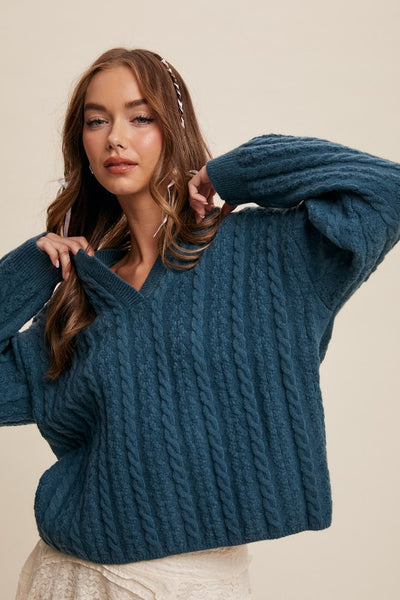 Teal Green Classic V-Neck Cable Knit Sweater
