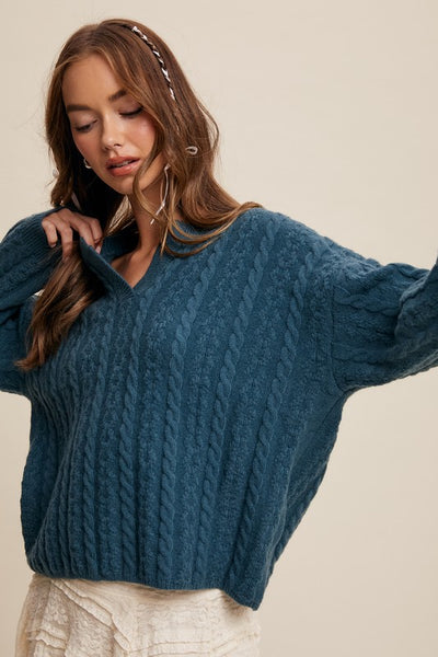 Teal Green Classic V-Neck Cable Knit Sweater