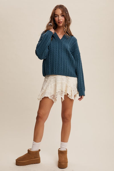 Teal Green Classic V-Neck Cable Knit Sweater