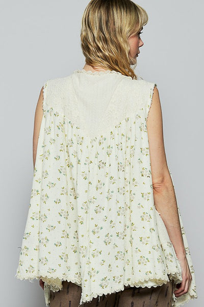 Sleeveless Floral Print Pearl Cardigan