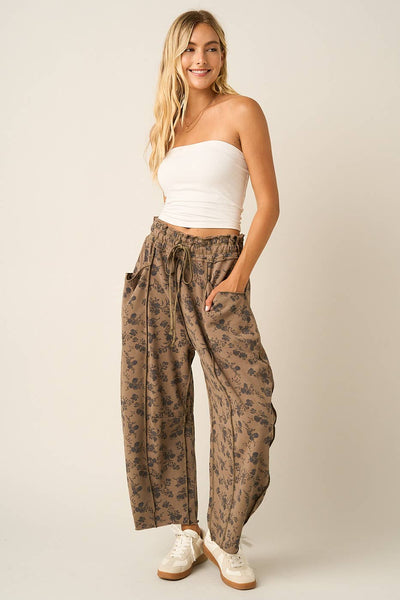 mittoshop - BLUE FLORAL PRINT SEAM DETAIL PULL ON BARREL PANTS