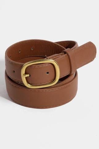 Metallic Oval Buckle Faux Leather Belt - Brown