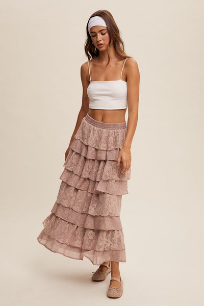 Lace Tiered Maxi Skirt - Light Mocha
